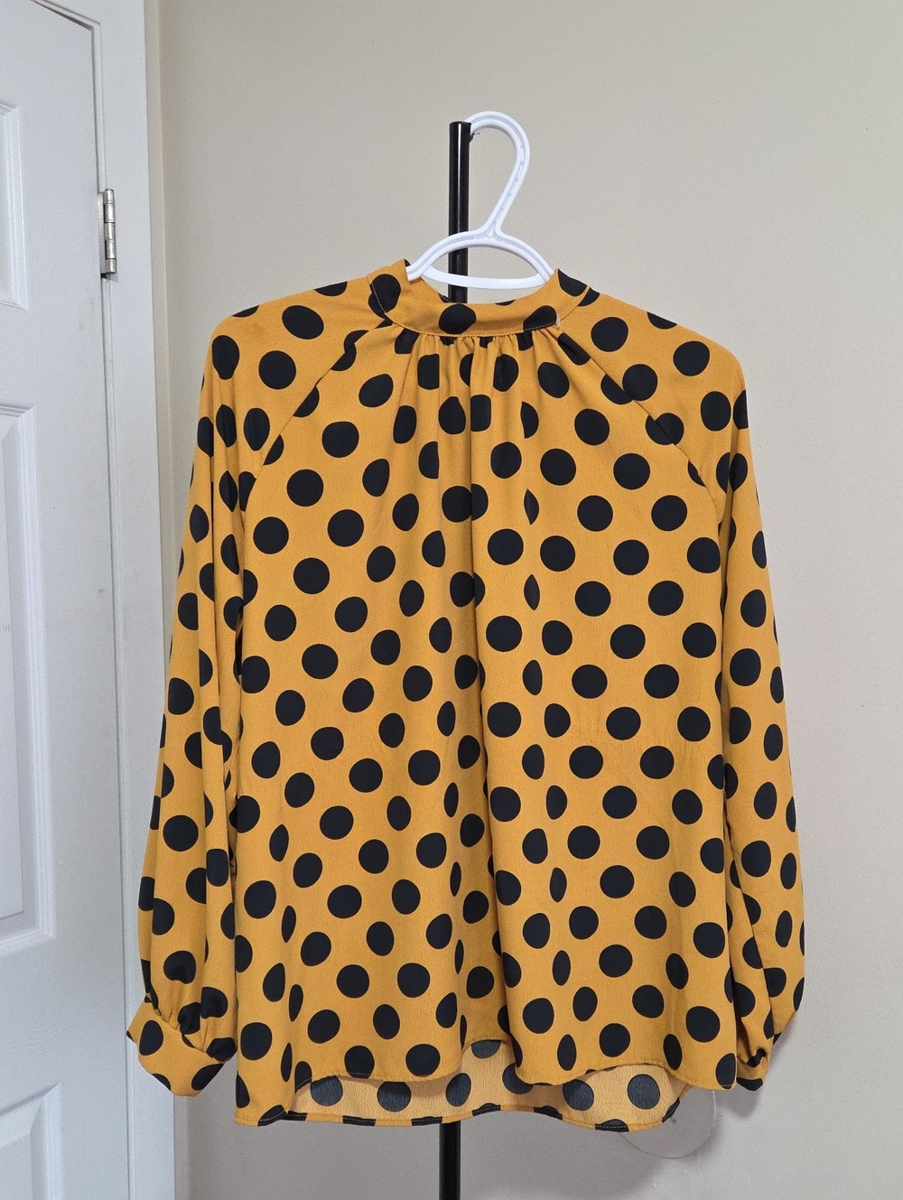 Zara Mustard and Black Polka Dot High-Neck Blouse